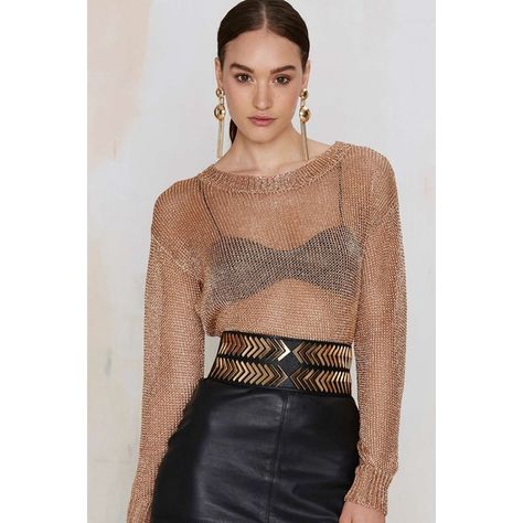 Glamorous Gold Move Metallic Sweater ($58) ❤ liked on Polyvore featuring tops, sweaters, gold, gold metallic sweater, see through tops, loose tops, metallic sweater and sheer sweater Sheer Sweater, Gold Sweater, Metallic Sweater, Holiday Party Dresses, Shop Clothes, Top Outfit, Loose Fitting Tops, Knitting Women Sweater, Look Chic