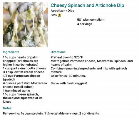 Lean And Green Side Dishes, Green Side Dishes, Spinach Dip Appetizers, Lean Dinners, Optivia Recipes, Optavia Diet, Ricotta Dip, Fueling Hacks, Optavia Meals