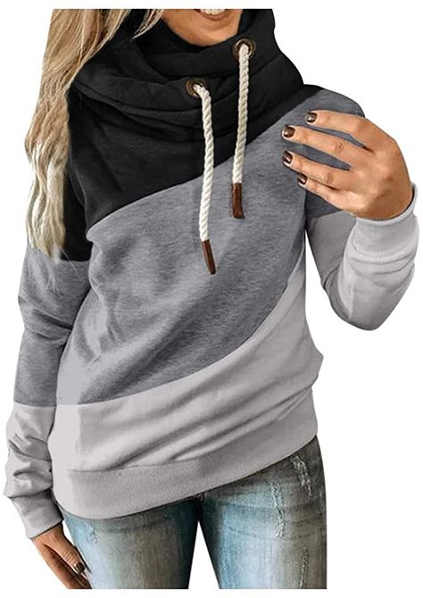 Wocachi Hoodies For Women, Cowl Neck Color Block Patchwork Fall Hoodie Sweatshirts Warm Basic Womens Hoodie Pullover at Amazon Women’s Clothing store Loose Hoodie, Striped Tunic, Tunic Sweatshirt, Hoodie Coat, Estilo Chic, Hoodie Pullover, Neck Hoodie, Blouse Shirt, Look Casual