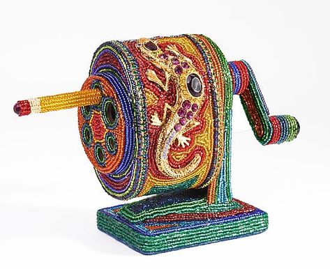 Beaded "old skool" pencil sharpener. Seed Bead Art, Door Beads, Beautiful Beadwork, Artful Home, Fine Craft, Pencil Sharpener, Seed Bead Jewelry, Bead Weaving, Bead Art