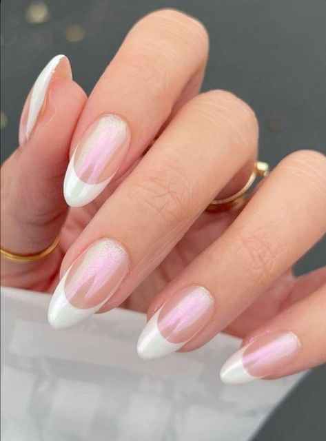 Dance Nails Formal, Crome Pink Nail French, Crome French White, Wedding Nails For Bride French, French Tip Nails Round Shape, French Tip Nails With Sparkle, French Tip Sparkle Nails, Sparkle French Nails, Dip Powder French Manicure