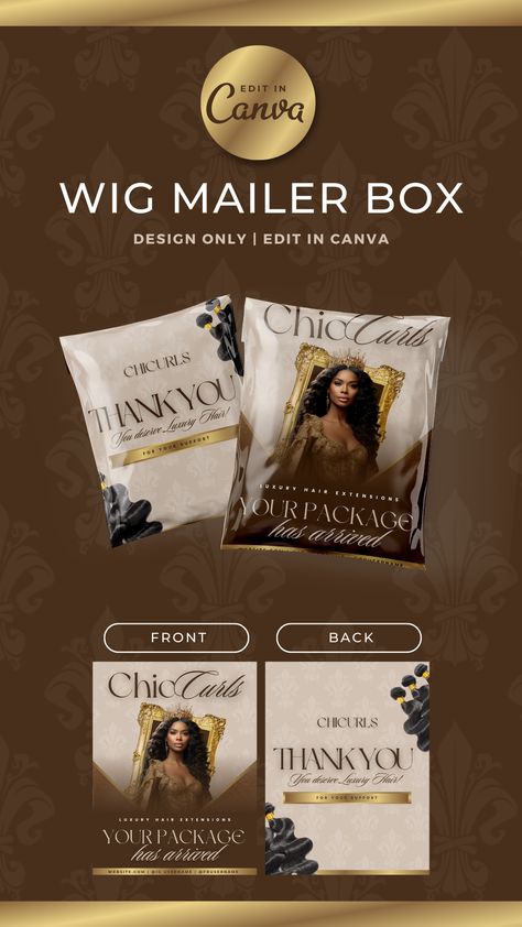 Luxury Wig PolyMailer Box | Lace Front & Bundles Box Packaging Design | DIY Editable In Canva | PolyMailer box | PolyMailer design Wig Packaging Ideas, Polymailer Packaging Design, Polymailer Design, Wigs Business, Wig Packaging, Mailer Box Design, Gold Wig, Black And White Wig, Gold Wigs