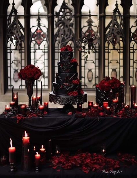 Goth Wedding Venue Ideas, Vampiric Wedding, Goth Food, Gothic Wedding Decorations, Dr Wedding, Black And Red Wedding, Haunted Wedding, Gothic Wedding Cake, Dark Romantic Wedding