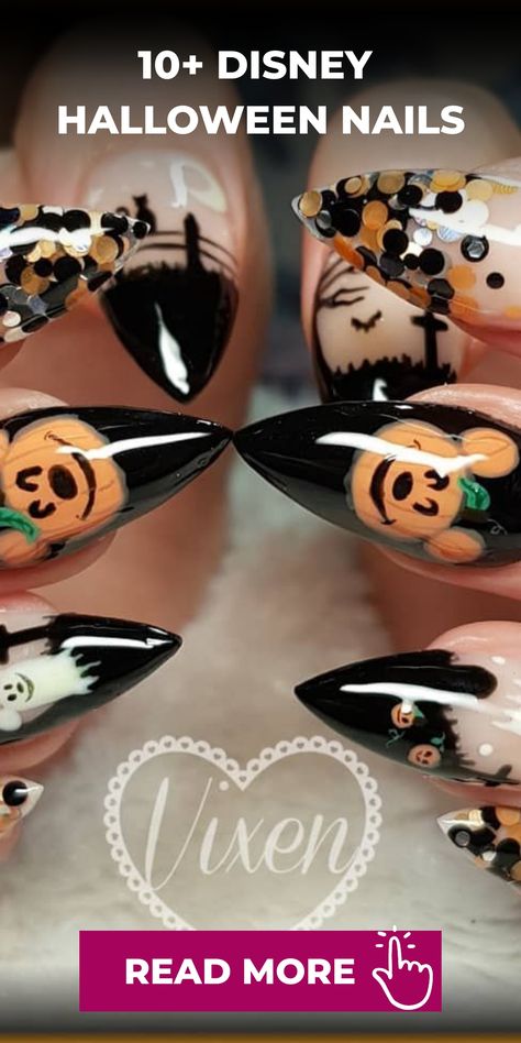 Step into a whimsical realm of magic this Halloween with our enchanting Disney nail art. Our skilled artists infuse iconic Disney characters like Jack Skellington and Maleficent into bewitching designs that will bring your favorite stories to life on your fingertips. Embrace the essence of Halloween with these delightful and spooky-themed nails that merge Disney's charm with the season's excitement. Let your manicure spin its own magical tale this October! Disney Halloween Nail Designs, Disney Halloween Nails, Iconic Disney Characters, Disney Nail Art, Zombie Nails, Dark Nail Art, Vampire Nails, Pumpkin Nail Art, Disney Acrylic Nails