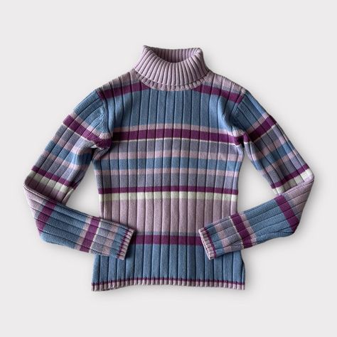 Vintage stripe turtleneck / roll neck jumper... - Depop Purple Sweater Outfit, 80s Jumper, Vintage Striped Sweater, Turtleneck Outfits, Striped Turtleneck Sweater, Girls Turtleneck, Turtleneck Outfit, Downtown Outfits, Blue Lilac