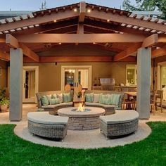 Front look of new undercover patio area - I like the lower pitched roof for under the upstairs window.  I dont like the concrete columns or the roofing but I do like the simple design. Backyard Patio Furniture, Pergola Diy, Outdoor Covered Patio, Backyard Fireplace, Backyard Seating, Backyard Gazebo, Backyard Kitchen, Backyard Pergola, Apartment Patio