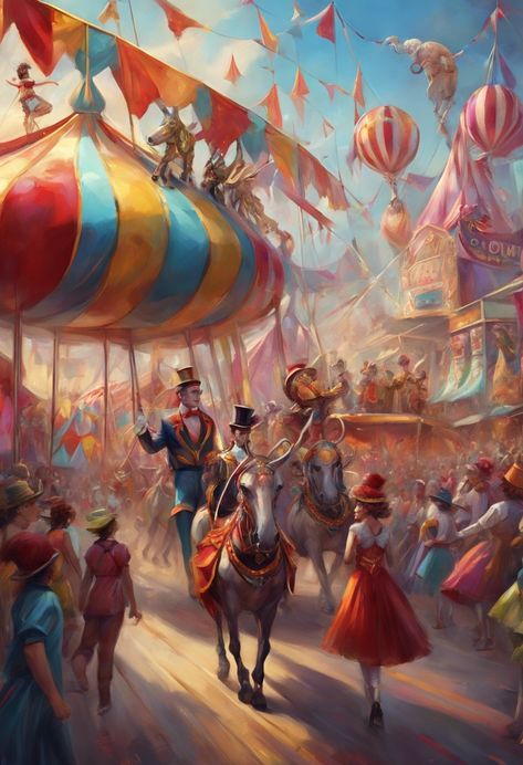 whimsical circus parade Check more at https://paintlyx.com/whimsical-circus-parade/ Circus Fantasy Art, Fantasy Circus, Whimsical Circus, Roblox Horror, Carnival Aesthetic, Circus Parade, Landscape References, Circus Vintage, Carnival Parade