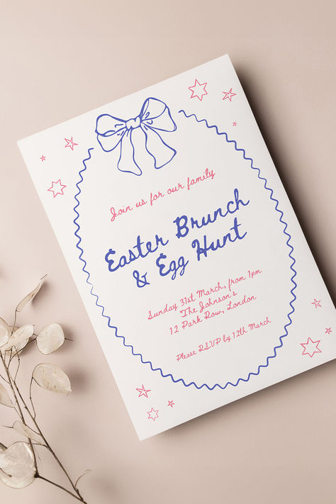 Easter Party Ideas, Xmas Invitations, Easter Party Invite, Easter Egg Hunt Party, Egg Hunt Party, Ribbon Invitation, Event Stationery, Easter Invitations, Digital Invitations Wedding