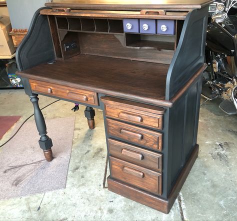 Add some signature purple for Bobbi! Roll Top Desk Makeover Ideas, Rolltop Desk Makeover, Painted Roll Top Desk, Roll Top Desk Makeover, Small Roll Top Desk, Grey Wood Desk, Chalk Paint Desk, Computer Space, Wood Finishing Techniques