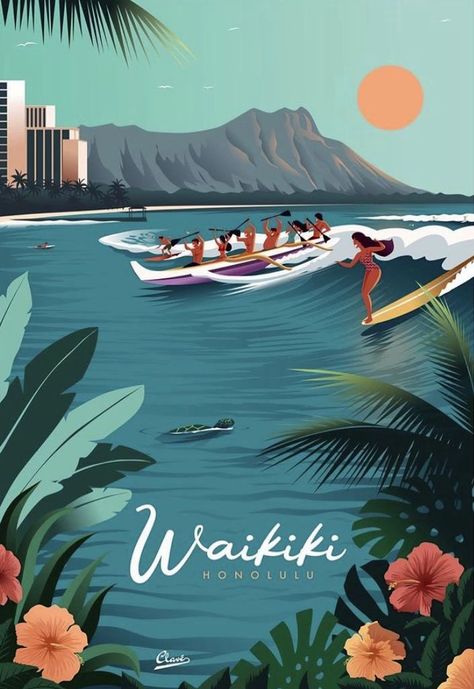 Summer Posters, Hawaii Art Print, Art Plage, Surf Travel, Honolulu Waikiki, Hawaii Pictures, Hawaii Art, Surf Vintage, Surf Poster