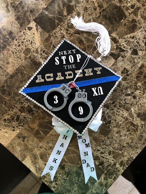 Grad cap. Criminology. Law enforcement. Police academy. Graduation Cap Designs Police, College Grad Cap Ideas Criminology, Police Graduation Pictures, College Graduation Pictures Criminology, Criminology Cap Decoration, Police Grad Cap, Grad Cap Ideas Criminology, Graduation Cap Criminology, Police Graduation Cap Ideas