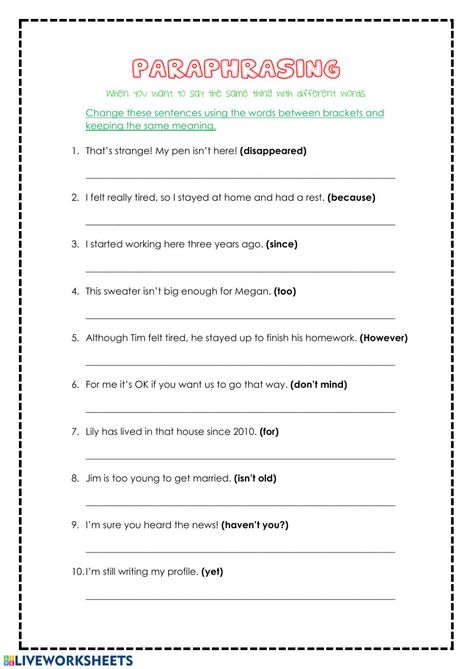 Paraphrasing interactive and downloadable worksheet. You can do the exercises online or download the worksheet as pdf. Paraphrase Examples, Paraphrasing Tips, Paraphrasing Worksheet, Paraphrasing Activities, English Printables, 7th Grade Writing, Complex Sentences Worksheets, Family Tree Worksheet, Homeschool Writing