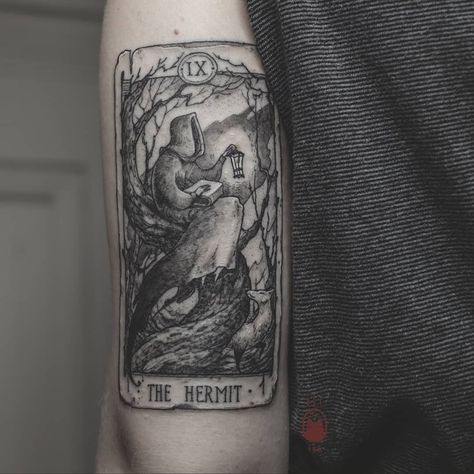 IX ○ The Hermit. I loved working on this design. More tarot cards please. Let's create a whole deck by Rei 🖤🎴 Done @tremuschiinktattoo . ❦… Tarot Card Tattoo The Hermit, Hermit Card Tattoo, The Hermit Tarot Card Tattoo, Hermit Tarot Card Tattoo, The Hermit Tattoo, The Hermit Tarot Tattoo, Hermit Tattoo, Tarot Card Tattoos, Tarot Tattoos