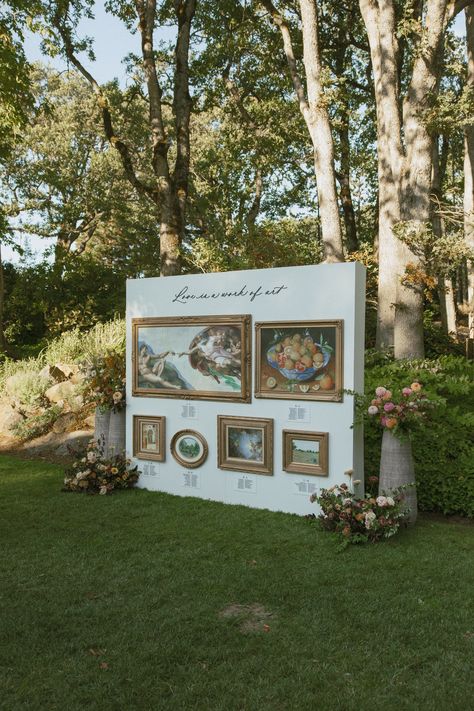 Upscale Art Gallery Seating Chart Wall at The Griffin House in Hood River, Oregon created by Script on This. Painting Seating Chart Wedding, Vintage Frame Seating Chart, Gallery Wall Seating Chart, Painting Seating Chart, Vintage Seating Chart, Seating Chart Wall, The Griffin House, Hood River Oregon, Wall Seating