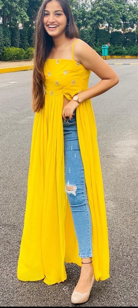 Long Frocks Western, Yellow Kurti Design For Haldi, Haldi Dress For Bridesmaid, Western Frocks, Silk Yellow Dress, Yellow Kurti, Fancy Lehenga, Haldi Outfits, Haldi Outfit