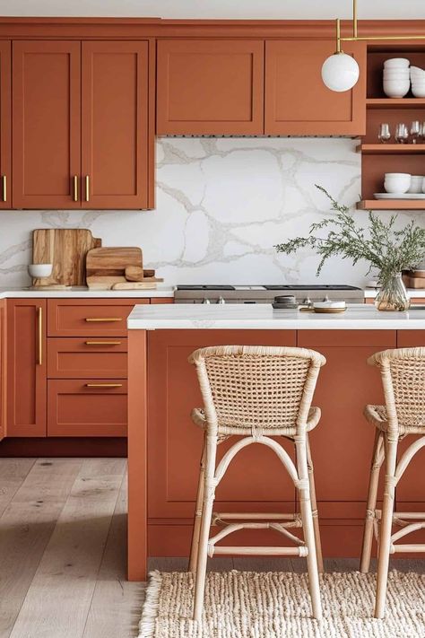 53 Modern Organic Kitchen Ideas (Natural Meets Design) Terracotta And White Kitchen, Terra Cotta Cabinets, Burnt Orange Cabinets, Organic Modern Kitchen Lighting, Medeteranian Kitchen, Terracotta Cabinets, Kitchen Ideas Natural, Terracotta Kitchen Cabinets, Orange Kitchen Cabinets