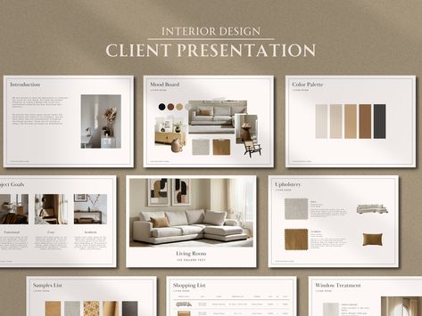 This template is editable in Adobe InDesign, Canva and PowerPoint, where you can customise everything from fonts, to color, add or delete text, add your own images and more. ♢ What exactly is an interior design presentation? It's a carefully crafted visual representation of your design concept that showcases your vision for the space. A well-executed presentation can help your clients visualize the potential of the space and create excitement around the project. By investing in an interior desig Template Interior Design, Palette Furniture, Interior Design Template, Project Template, Interior Design Presentation, Project Presentation, Design Presentation, Concept Board, Interior Design Mood Board