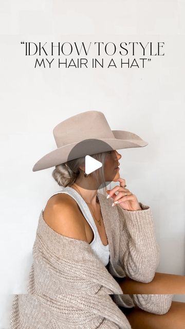 How To Wear A Cowboy Hat, Cowboy Hat With Ponytail, Hairstyles For Cowboy Hats Hair, Short Hair Cowboy Hat, Hat Ponytail Hairstyles, Cowboy Hairstyles Woman, How To Wear A Hat With Long Hair, Low Bun With Hat, Hair Styles With A Hat