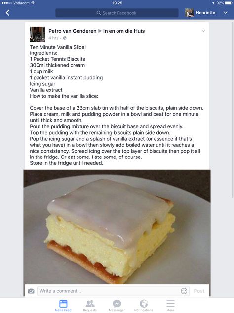 Ten minute vanilla slice Custard Slices South African, Custard Slices, Pudding Icing, Vanilla Slice Recipe, Vanilla Slice, Easy Tart Recipes, Custard Slice, Fridge Cake, Slice Recipe