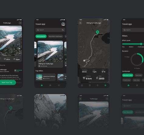Hiking Mobile App | UX-UI Design on Behance Ux Infographic, Hiking App, Mobile App Ui Design, Ux Design Mobile, Color Design Inspiration, Mobile App Design Inspiration, App Interface Design, Ui Design Website, Mobile Ui Design