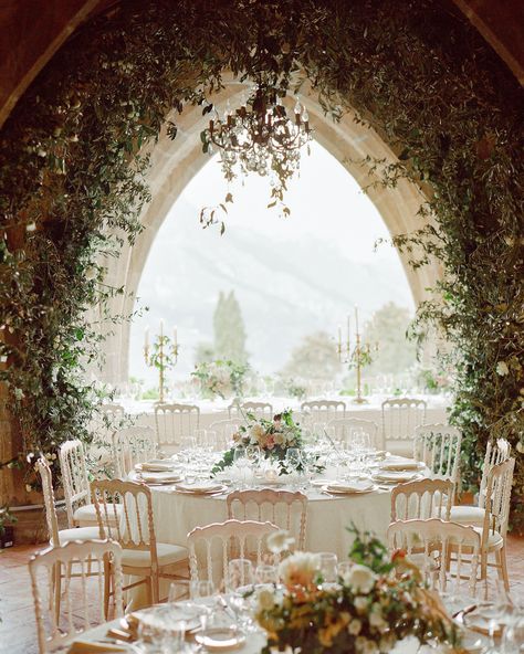 This Couple's Dreamy Italian Destination Wedding Could Have Been from a Fairy Tale | Martha Stewart Weddings - The bride loved that the wedding dinner wasn't shoehorned between toasts and dancing. Everyone sat together and had a beautiful four-course meal. Then, afterwards, everyone went to another spot for the dancing, and that was pure fun—no flowers, just disco balls everywhere. #weddingreception #weddingvenue #outdoorwedding #Italianwedding Dresses Hairstyles, Course Meal, Wedding Reception Tables, Wedding Quotes, Martha Stewart Weddings, Disco Balls, Wedding Dinner, Makeup Photography, Fairy Tale Wedding