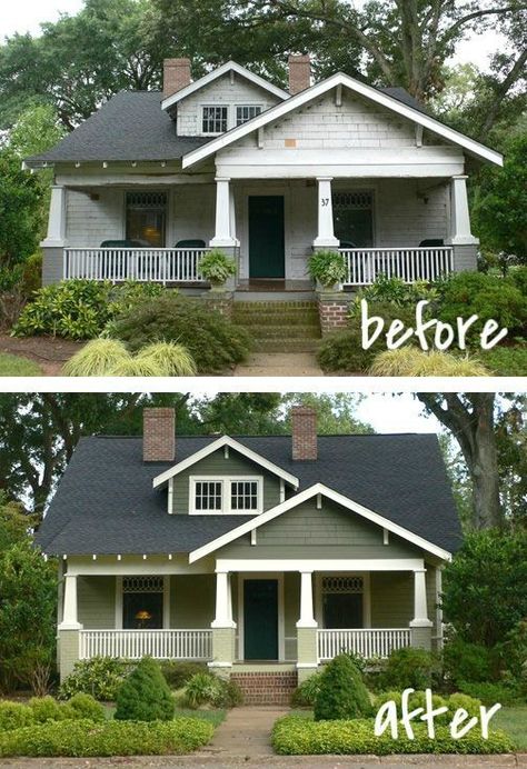 Exterior Remodel Before And After, Craftsman Renovation, Renovation Exterior, Home Remodel Before And After, Architecture Renovation, House Before And After, Bungalow Exterior, Light Trim, Home Exterior Makeover