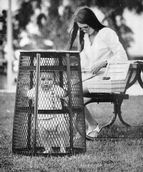 Mom Uses A Trash Can To Contain Her Baby While She Crochets In The Park, 1969 Dishcloth Crochet Pattern, Crochet Dishcloth, Historical Moments, Babe Ruth, History Pictures, Jane Fonda, World Photo, Historical Photos, Old Pictures