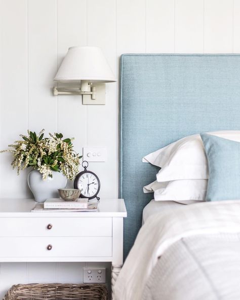 Blue upholstered headboard in bedroom with shiplap walls and white nightstand and wall sconce for reading. Blue Upholstered Headboard, Blue Headboard, White Shiplap Wall, Paint Your House, Favorite Paint Colors, White Nightstand, Deco Boheme, Favorite Paint, Paint Brands