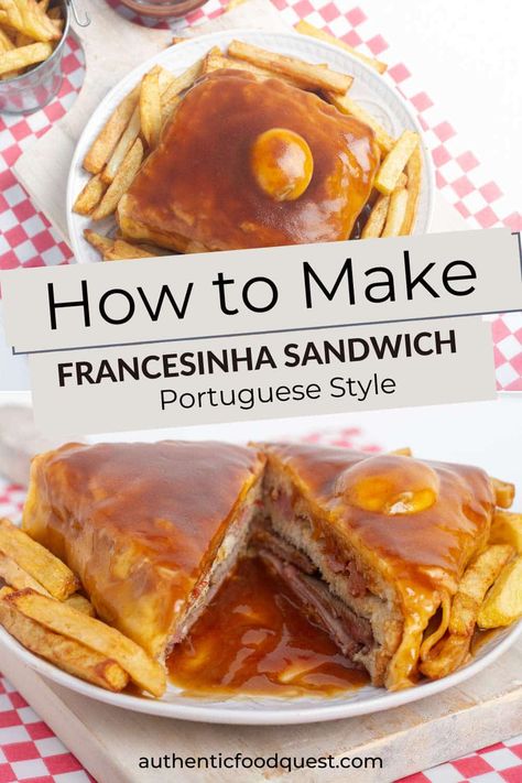 This francesinha recipe is for a delicious iconic sandwich from Porto. Full of flavors, this sandwich has layers of sausage, ham and steak wrapped in cheese. Topped with an egg and served with a secret sauce, get ready to dive into the rich and tasty flavors of Portugal’s second city. | Authentic Food Quest Francesinha Recipe, Sandwich Bar Ideas, Diy Sandwich, Portugal Food, Sandwich Bar, Sandwich Fillings, Hot Sandwich, Portuguese Food, Secret Sauce