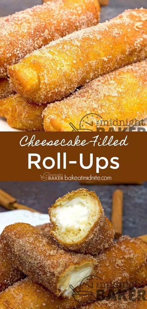 Cheesecake Filled Roll Ups - The Midnight Baker - Cheesecake Crescents #cheesecake #desserts #recipes #crescentrolls What To Do With Cheesecake Filling, Crescent Roll Filling Ideas, Recipes Using Cheesecake Filling, Desserts With Cheesecake Filling, Recipes With Cheesecake Filling, Cheesecake Filling Desserts, Dessert Roll Ups, Cheesecake Dessert Ideas, I Am Baker Recipes