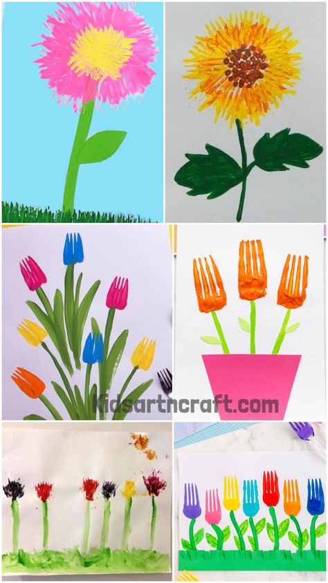 Flowers Kindergarten, Fork Art, Art Activities For Toddlers, Easy Flower Painting, K Crafts, Teacher Craft, Preschool Arts And Crafts, Painting Activities, Easy Arts And Crafts