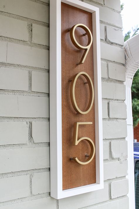 How to Make a Modern Address Number Sign (and Hang it On Brick) How To Hang House Numbers On Brick, Horizontal Address Sign, Lighting Front Of House Outdoor, Front Porch Steps Decor, Diy Address Sign Ideas, House Numbers Ideas Outdoor, Midcentury Farmhouse, Diy Address Sign, Brick Mailbox