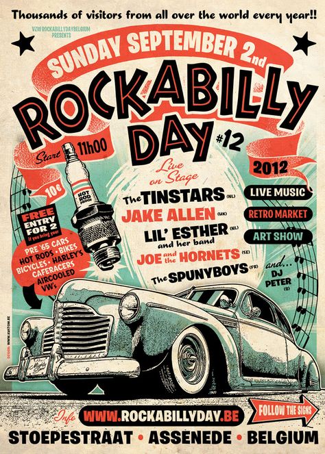 KUSTOM GRAPHIC DESIGN: ROCKABILLY DAY 2012 Vintage Retro Posters, Graphic Design Vintage, Flyer Illustration, Pop Art Vintage, Rockabilly Art, Retro Graphic Design, Vintage Graphic Design, Rock Posters, Psychobilly