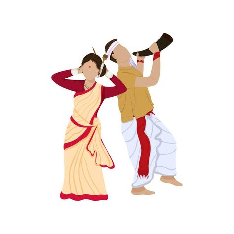 Assamese Man Playing Pepa Instrument And Woman Dancing On White Background. Woman Dancing, Dancing Drawings, Vector Art, White Background, Dancing, Vector Free, Clip Art, Drawings, White