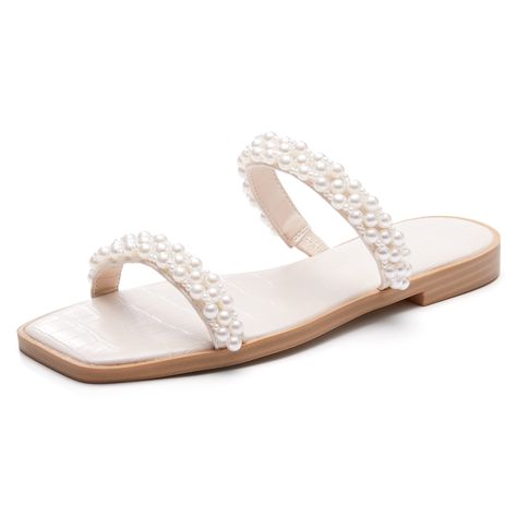 PRICES MAY VARY. [Feature]: Summer dressy sandals for women, exquisite two strap flats sandal decorated with sturdy pearl beaded, retro& fashion square open toe, low wedge heel, fancy women flat shoes [Style]: Pear Strap slip on sandals, unique dual pearl band sandal, cute and elegant walking sandals for every women, a must-have item in your everyday wardrobe [Comfortable]: These slip on slide slippers are composed of soft vegan leather. Comfortable and easy to match, convenient to slip on, and Flat Shoes Style, Hoco Shoes, Wedding Flats For Bride, Elegant Walking, Womens Flat Sandals, Bride Sandals, Fancy Sandals, Homecoming Shoes, Beach Wedding Shoes