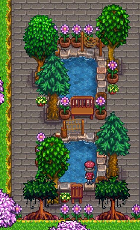 Stardew Valley Inspiration Farm, Stardew Valley Pond Layout, Stardew Valley Stable Ideas, Stardew Valley Grange Display, Stardew Valley Farm Decoration Ideas, Stardew Valley Pond Ideas, Beehive Stardew Valley, Stardew Valley Layout Ideas, Stardew Valley Paths