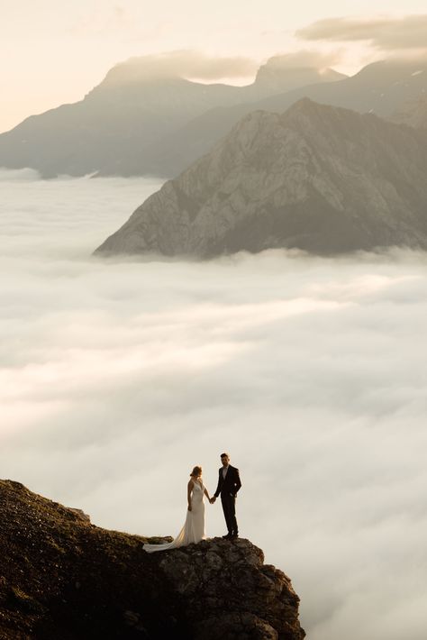 mountain elopement in banff alberta Married In The Mountains, Wedding On A Mountain, Wedding Photoshoot Mountain, Mountain Top Elopement Photography, Banff Wedding Photos, Mountain Prenup, Elopement Photography Mountains, Elopement Canada, Banff Photoshoot