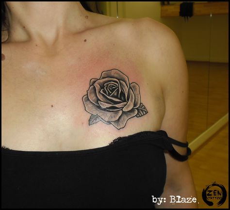 Rose tattoo by Blaze www.facebook.com/zentattoozagreb Rose On Chest Tattoo For Women, Rose Tattoos For Women Chest, Chest Rose Tattoo Female, Rose Tattoo On Chest Female, Collarbone Rose Tattoo, Rose Chest Tattoos Female, Rose Tattoo On Chest, Shoulder Chest Tattoo Female, Rose Tattoo On Shoulder