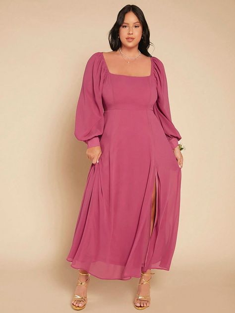 SHEIN Belle Plus Square Neck Lantern Sleeve Split Thigh Chiffon Bridesmaid DressI discovered amazing products on SHEIN.com, come check them out! Dress Code Wedding, Pink Collar, Pink Collars, Chiffon Long Sleeve, Chiffon Bridesmaid Dress, Chiffon Bridesmaid, Lantern Sleeve, Lantern Sleeves, Dress Codes