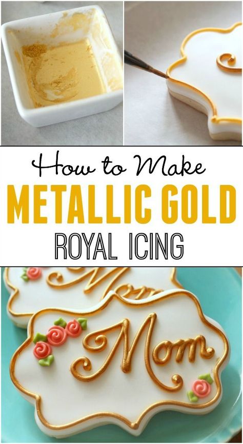 How to make shiny gold (and silver) royal icing.  It's easier than you think! Gold Royal Icing, Kue Fondant, Frosting Techniques, Icing Techniques, Icing Frosting, Royal Icing Recipe, New Cake, Fondant Cupcakes, Cake Icing