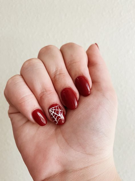 Red halloween nails with white spiderweb details Red Spider Nails Acrylic, Red Nail Halloween, Simple Halloween Nails Spider Webs, Halloween Nails Red And White, Halloween Red Nails Design, Red Halloween Nails Short, Red Nails With Spiderweb, Red Spider Web Nails, Red And White Halloween Nails