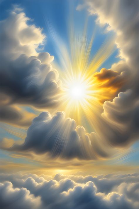 sky with a sun surrounded by clouds. digital art oil painting photorealistic Sunlight Drawing, Sun Oil Painting, Sun Oil, Waves Painting, Sun Drawing, Ocean Waves Painting, Sun Painting, Painting Reference, Whatsapp Profile Picture