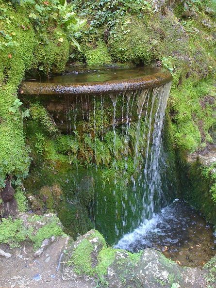 waterscapes create beautiful backyards, flowers, landscape, ponds water features, Beautiful water feature enclosed around rocks and moss via Pinterest com Waterfall Garden, Stone Walls Garden, Shady Garden, Diy Water Feature, Diy Garden Fountains, Fountains Backyard, Garden Waterfall, Pond Water Features, Backyard Water Feature