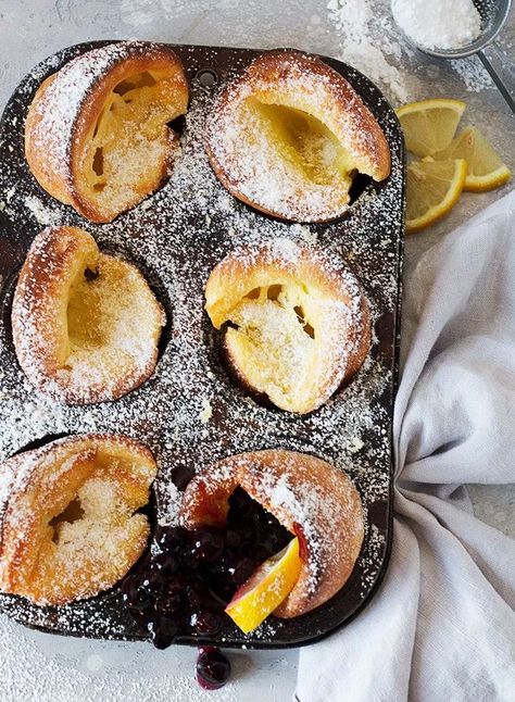 Mini Dutch Pancakes, Easy Breakfast Treats, Dutch Pancakes, Blueberry Sauce, What's For Breakfast, Dutch Baby, Think Food, Muffin Tin, Breakfast Brunch Recipes