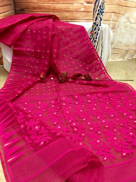 Meganta Pink Resham Dhakai Jamdani Saree Pink Jamdani Saree Look, Dhakai Jamdani Saree Cotton, Jamdani Saree Bangladeshi, Jamdani Saree Dhakai, Saree Folding, Haldi Ideas, Bengali Marriage, Bangladeshi Saree, Dhakai Saree