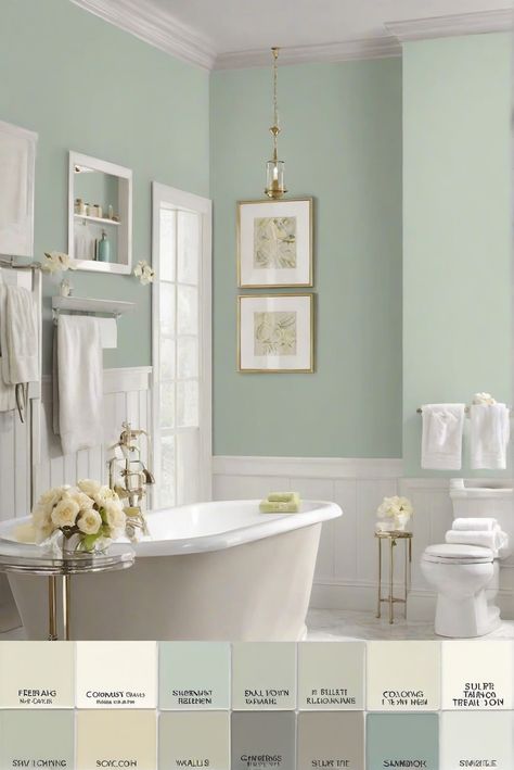 bathroom makeover, bathroom decoration, interior paint colors, bathroom wall decor Sage Green Wall Bathroom, Sage Green Walls Bathroom, Green Small Bathrooms, Seafoam Green Bathroom, Modern Country Bathroom, Bathroom Paint Ideas, Green Small Bathroom, Light Green Bathrooms, Outdoor Living Porch