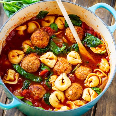 Meatball and Tortellini Soup Meatball And Tortellini Soup, Meatball Tortellini Soup, Cheese Tortellini Soup, Italian Meatball Soup, Meatball Soup Recipes, Tortellini Recipes, Meatball Soup, Meatball Recipe, Cheese Tortellini