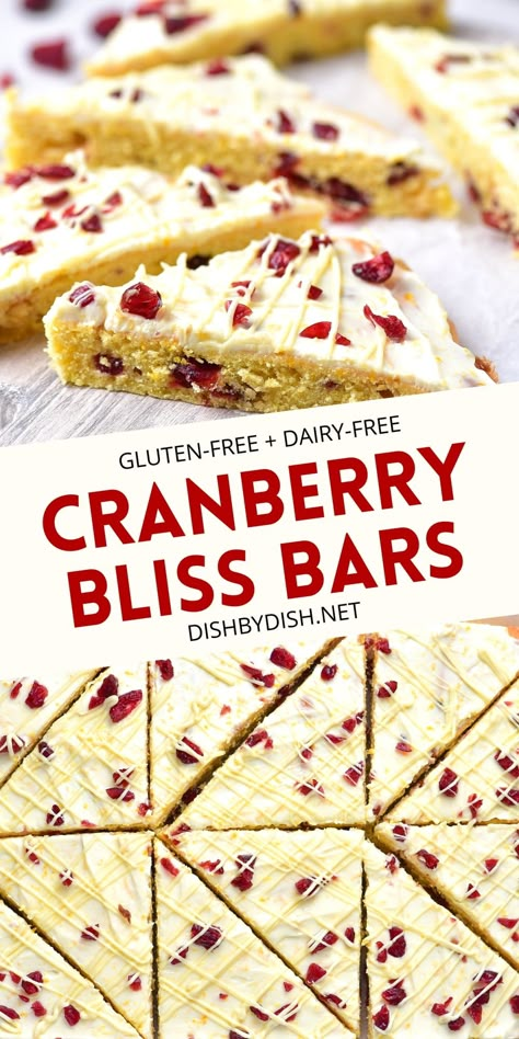 These gluten-free cranberry bliss bars are great for the festive holiday season. Topped with a cream cheese frosting and flavored with dried cranberries and orange zest, they're the perfect sweet snack or dessert for the holidays! Go bake a batch today! Totally dairy-free too. Cranberry Cookie Bars, Copycat Cranberry Bliss Bars, Cranberry Bars Recipe, Starbucks Cranberry Bliss Bars, Starbucks Cranberry Bliss, Cranberry Cookie, Crystalized Ginger, Cranberry Bliss Bars Starbucks, Bliss Bars