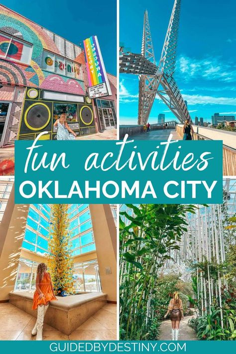 Spending a weekend in Oklahoma City? You're going to love this OKC guide for fun things to do in Oklahoma City. From the Myriad Botanical Gardens to the Oklahoma City Museum of Art there are plenty of family friendly activities. The top attractions in Oklahoma City include some of the top restaurants in Oklahoma City like Cattlemens. If you're traveling the US, Oklahoma City is going to be a place you won't want to miss! Things To Do Oklahoma City, What To Do In Oklahoma City, Oklahoma Bucket List, Okc Things To Do, Oklahoma City Aesthetic, Oklahoma City Restaurants, Things To Do In Okc, Oklahoma City Things To Do, Grove Oklahoma