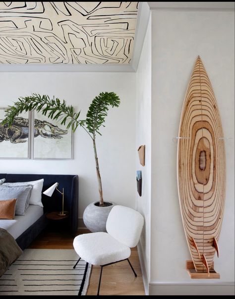 Zen Corner, Traditional Meets Modern, Bold Bedroom, Surf Room, Coastal Vacation, Wooden Surfboard, Phillip Island, Focal Wall, Surf House